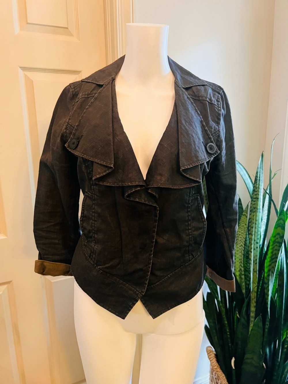 Waxed Linen Moto Jacket Size XS Black Cropped Ruffle Collar Steampunk Boho